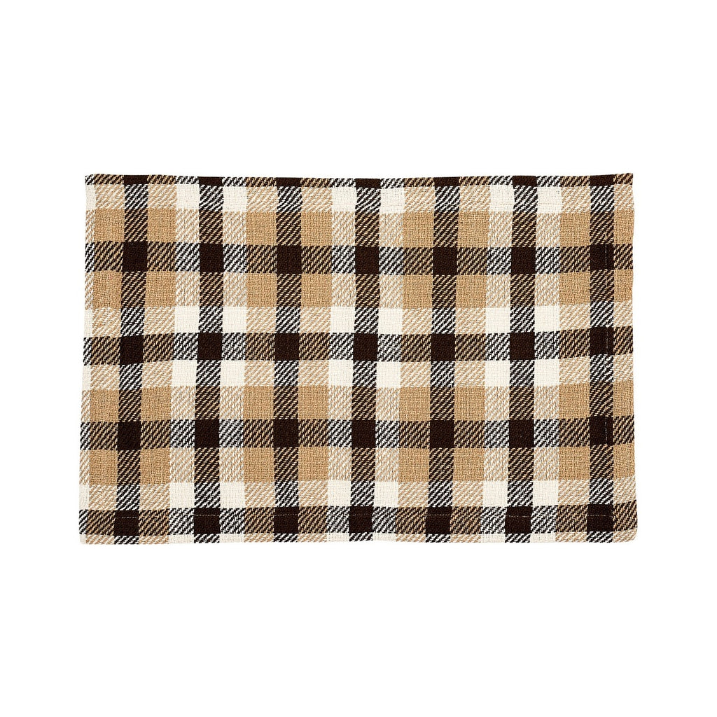 Plaid placemat with white, tan and chocolate brown.