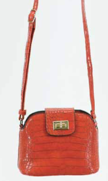A red colored purse on a white background.  The purse has an embossed alligator texture and a coordinating strap.  The purse has a brass twist lock enclosure and black trim around the top.