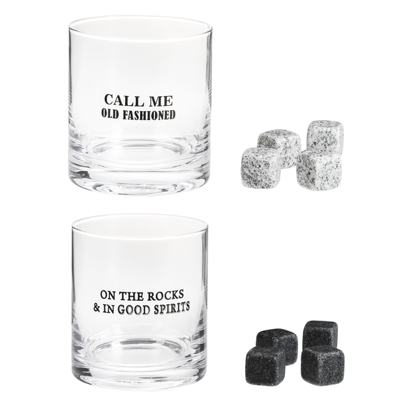 An image of glasses and stones.  On the top row is a clear rocks glass with black text on it that says 'Call Me Old Fashioned'.  Next to that glass are 4 white and black mottled stones.  The bottom row has a clear rocks glass with black text on it that says 'On The Rocks & In Good Spirits'.  Next to it are 4 black stones.