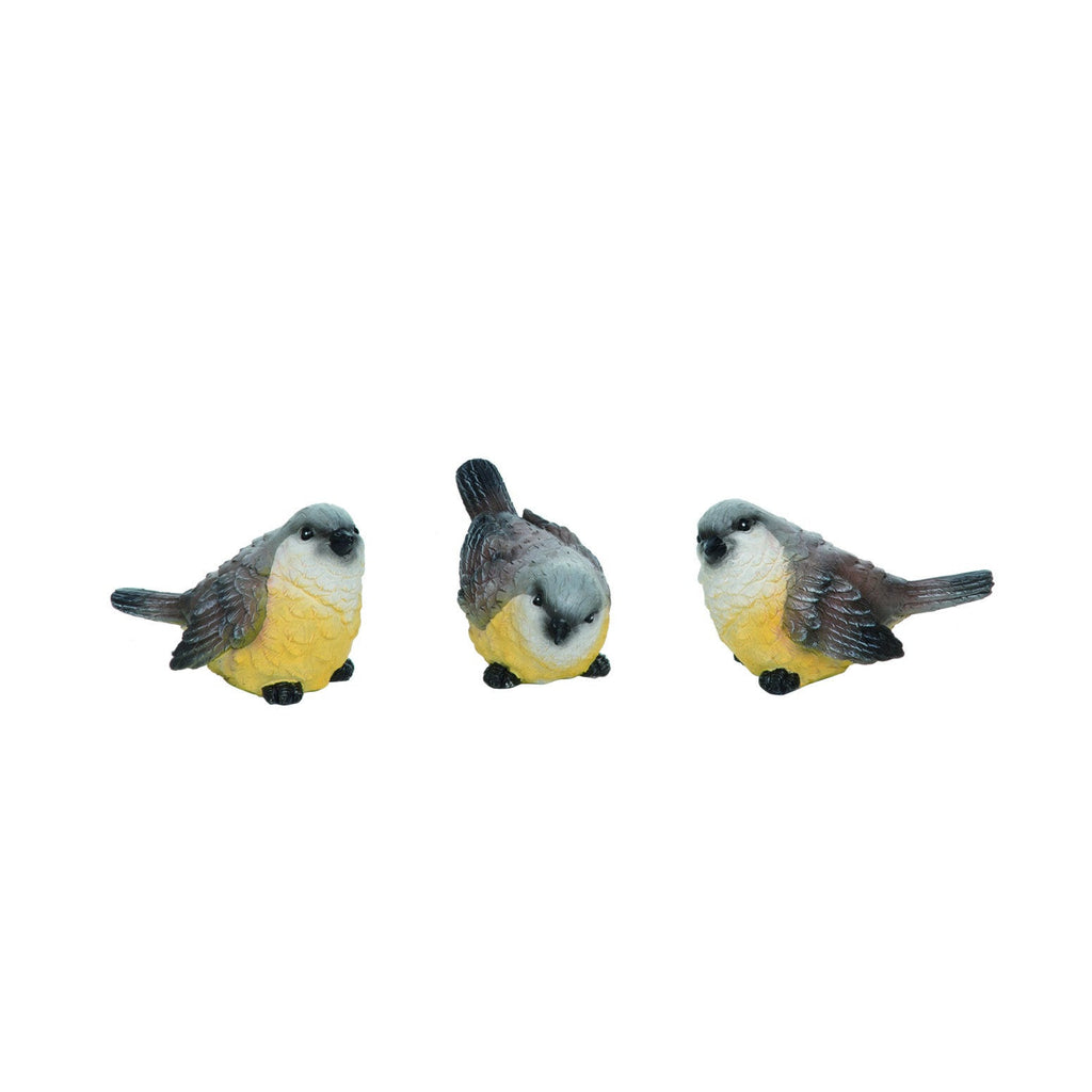 An image of three resin bird figurines of western king birds.  Each has a gray topped head, brown back with brown on tail and wings and yellow lower body.  The first bird is looking straight ahead, the middle is looking down, and the right is looking with its head tilted.