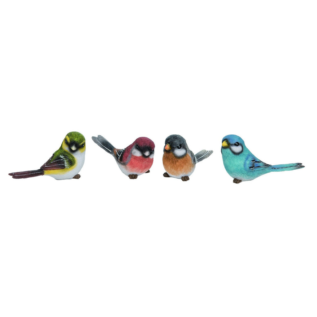 A collection of four resin birds on a white background.  From left is a yellow bird with dark brown wings and tail.  To its right is a red bird with red chest and black tail and wingtips.  To its right is an orange chested bird with a black head and tail.  To its right is an overall blue bird with white markings under its eyes and small dark brown markings on its wing tips and tail.